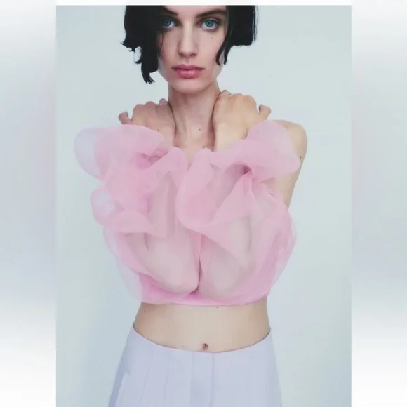 Brand New ZARA BLOGGERS FAV CONTRASTING ORGANZA pink TOP Size Small - Picture 5 of 8